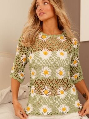 BiBi Light Green Crochet Daisy Tunic with White & Yellow Accents